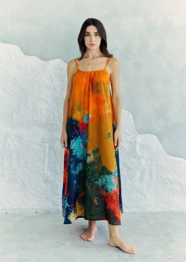 Canvas & Chaos Abstract Print Spaghetti Strap Maxi Dress - Multicolor