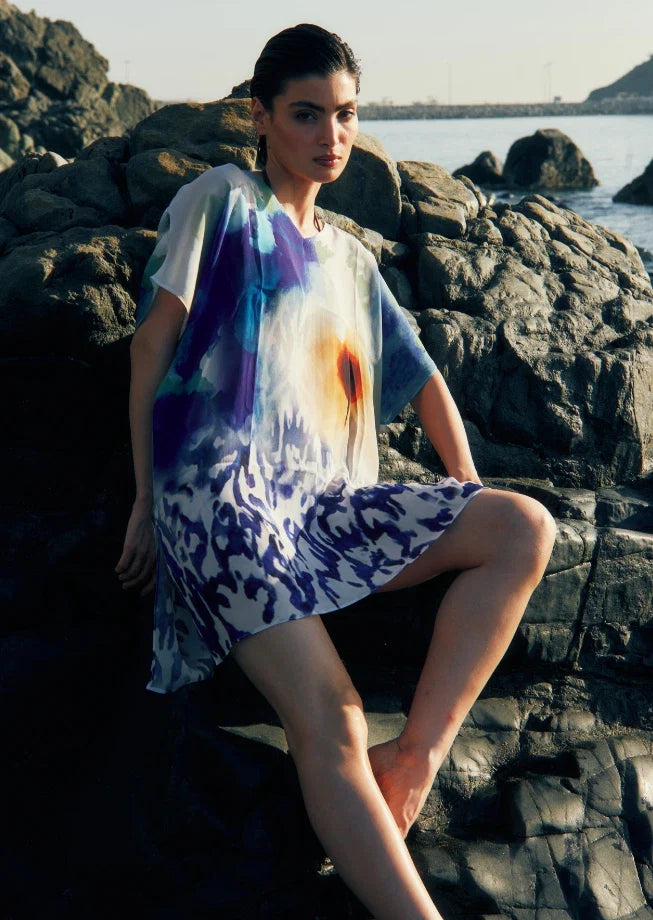 Ciel & Sand Sheer Short Kaftan Dress - Blue & Brown Beach Cover Up