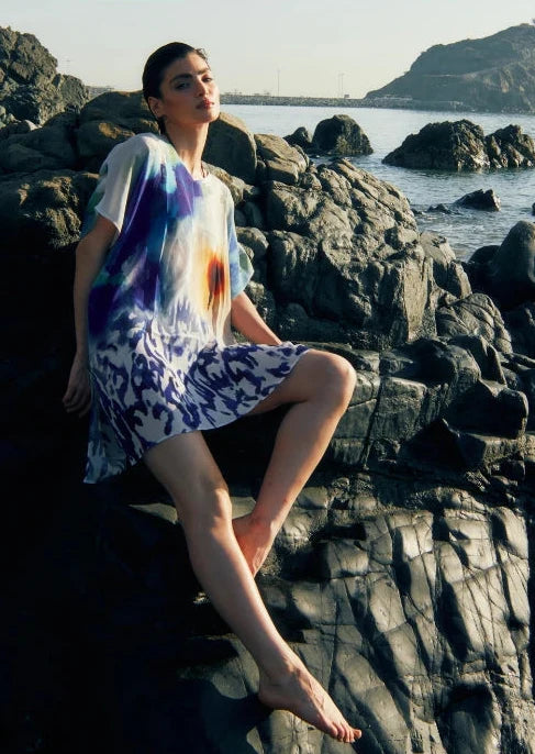 Ciel & Sand Sheer Short Kaftan Dress - Blue & Brown Beach Cover Up
