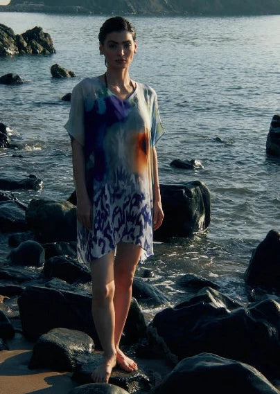 Ciel & Sand Sheer Short Kaftan Dress - Blue & Brown Beach Cover Up