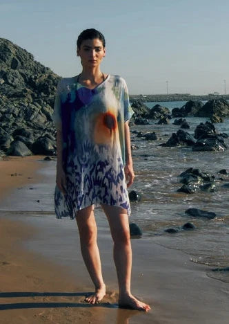 Ciel & Sand Sheer Short Kaftan Dress - Blue & Brown Beach Cover Up
