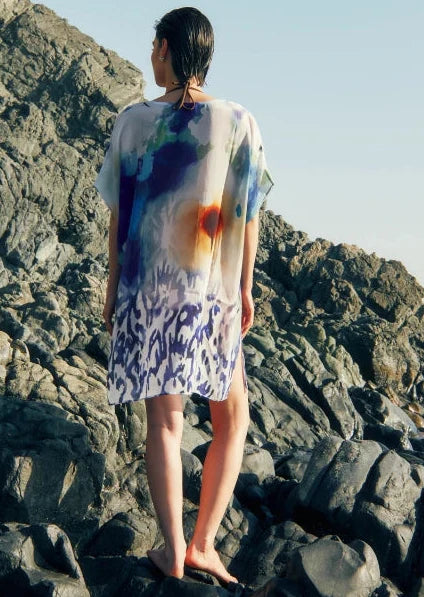 Ciel & Sand Sheer Short Kaftan Dress - Blue & Brown Beach Cover Up