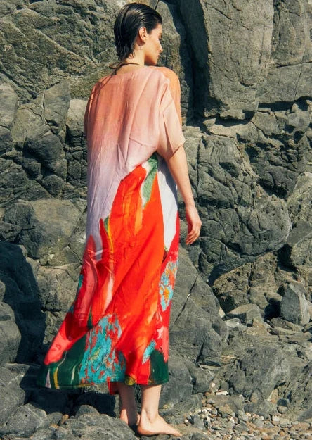 Coral Mirage Floral Long Kaftan Dress With Side Slits - Red & Multicolor Dress
