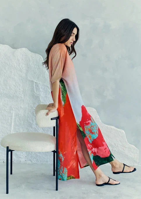 Coral Mirage Floral Long Kaftan Dress With Side Slits - Red & Multicolor Dress