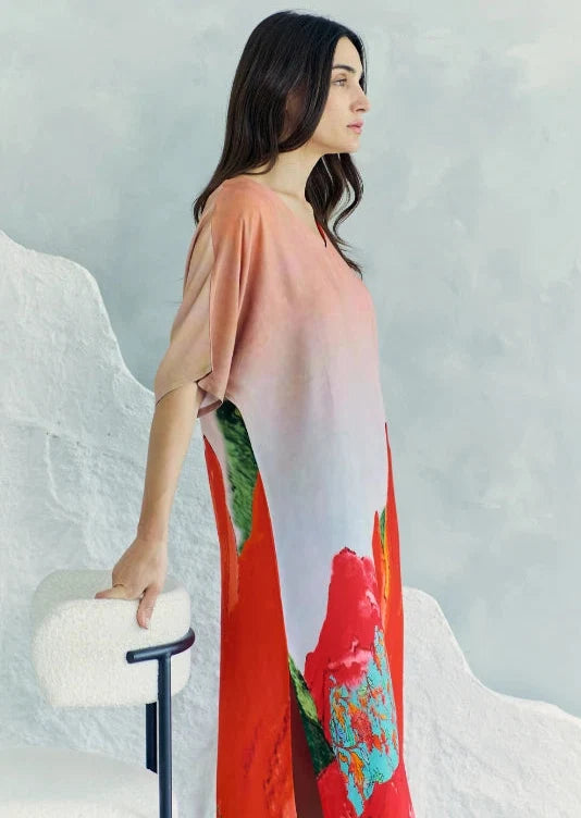 Coral Mirage Floral Long Kaftan Dress With Side Slits - Red & Multicolor Dress