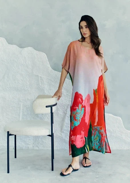 Coral Mirage Floral Long Kaftan Dress With Side Slits - Red & Multicolor Dress