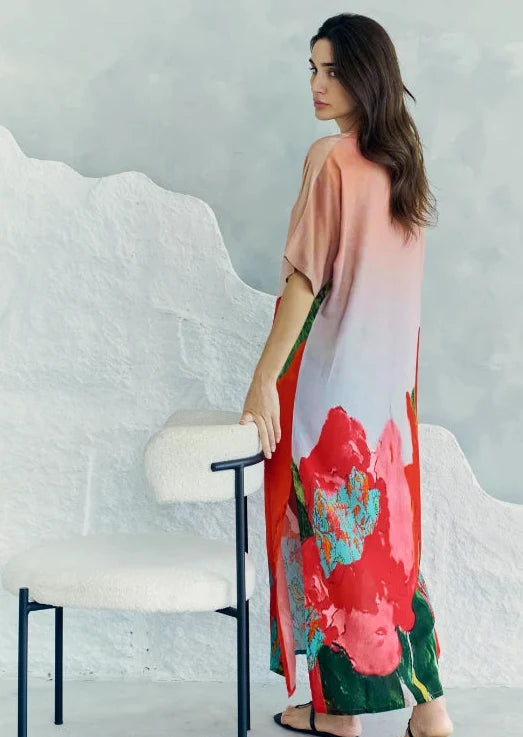 Coral Mirage Floral Long Kaftan Dress With Side Slits - Red & Multicolor Dress