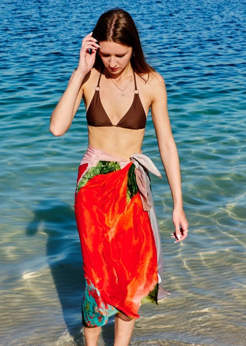 Coral Mirage Floral Sarong - Red & Multicolor Beach Cover Up