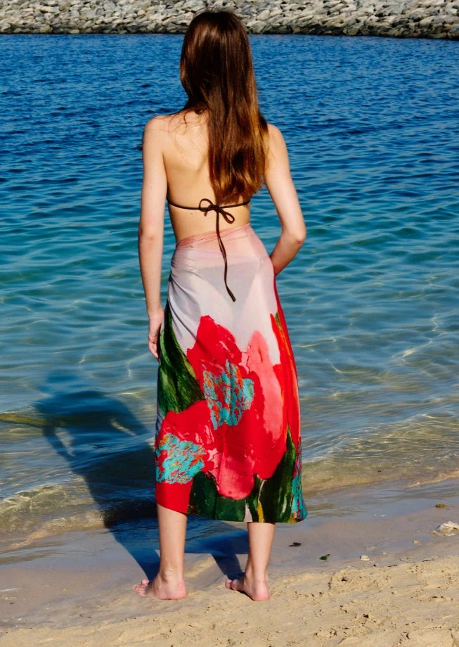 Coral Mirage Floral Sarong - Red & Multicolor Beach Cover Up