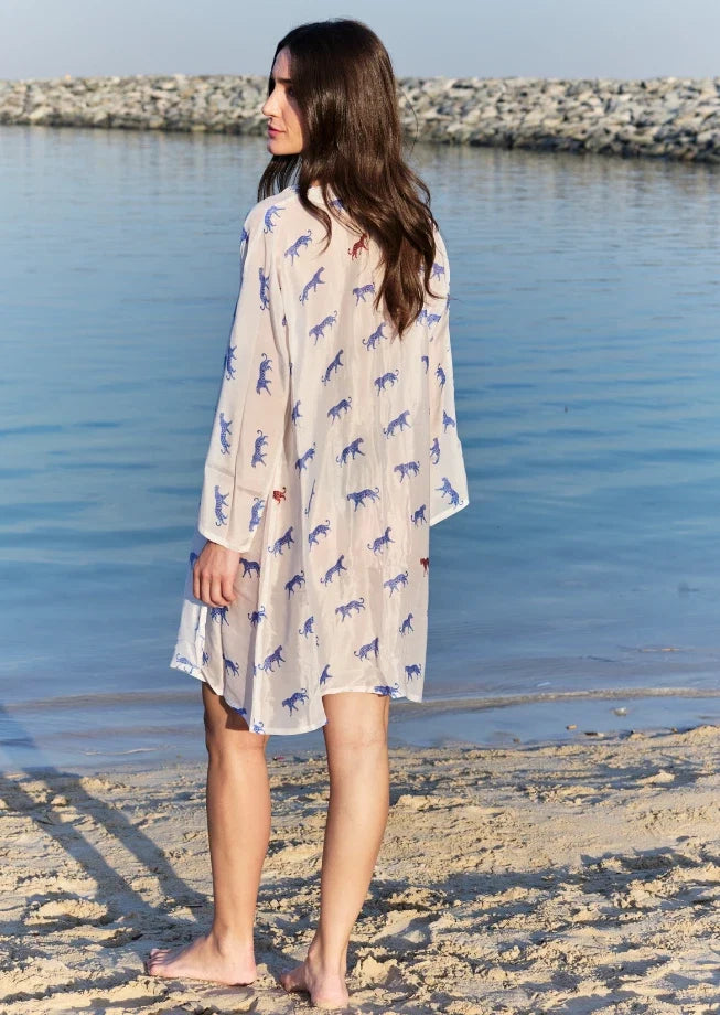 Leopard Luxe Printed Short Kimono - Blue & White Beach Cover Up