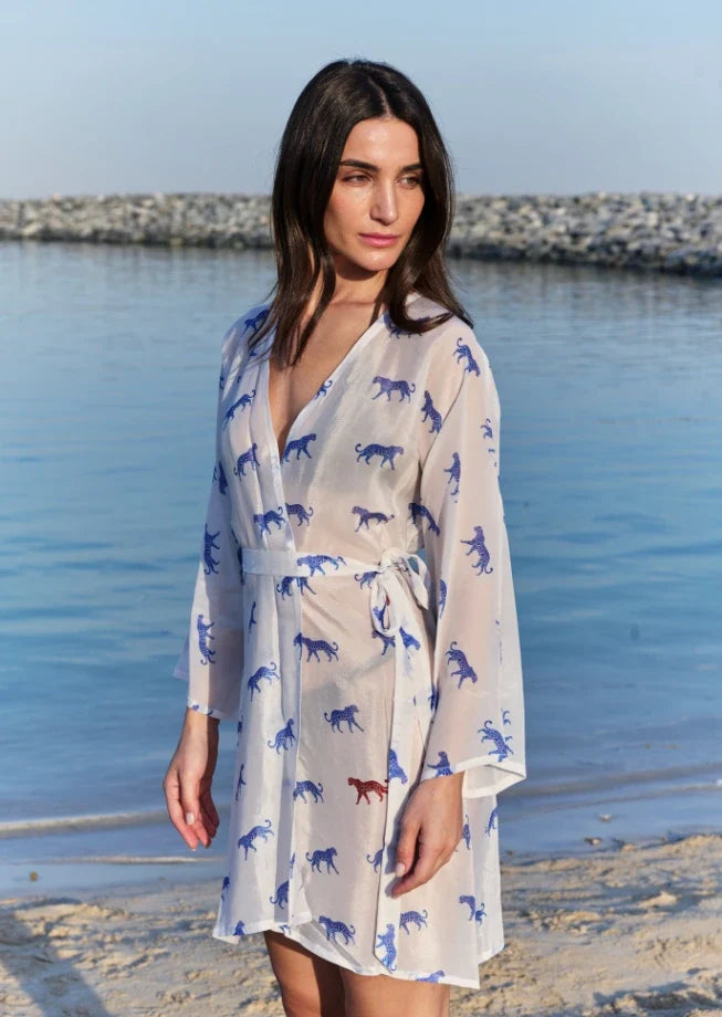Leopard Luxe Printed Short Kimono - Blue & White Beach Cover Up