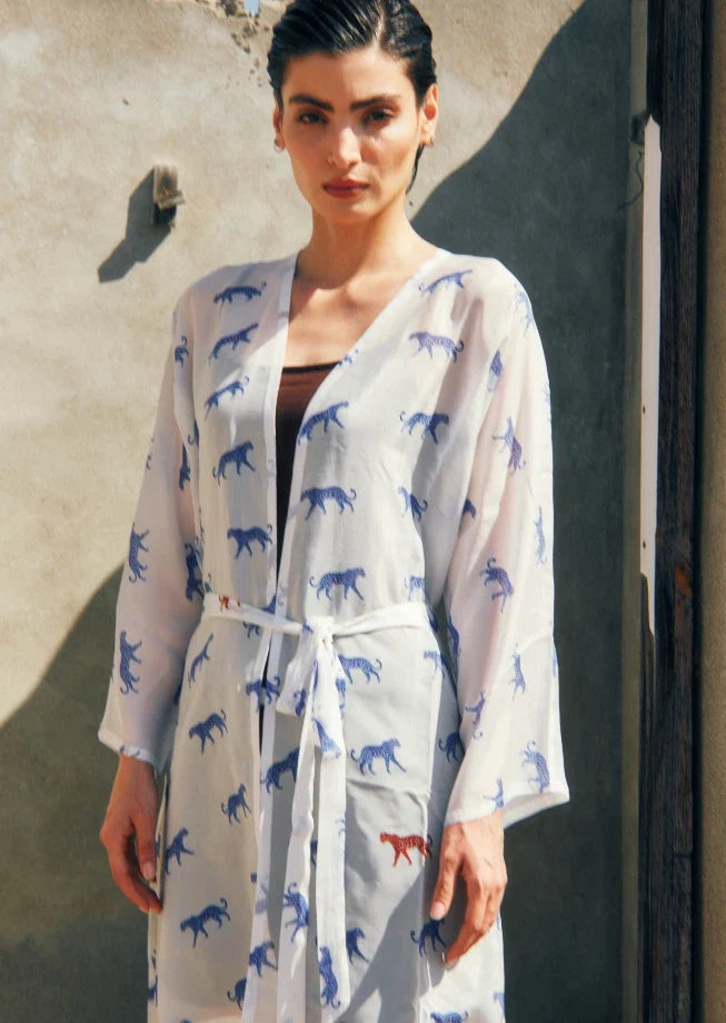 Leopard Luxe Printed Short Kimono - Blue & White Beach Cover Up