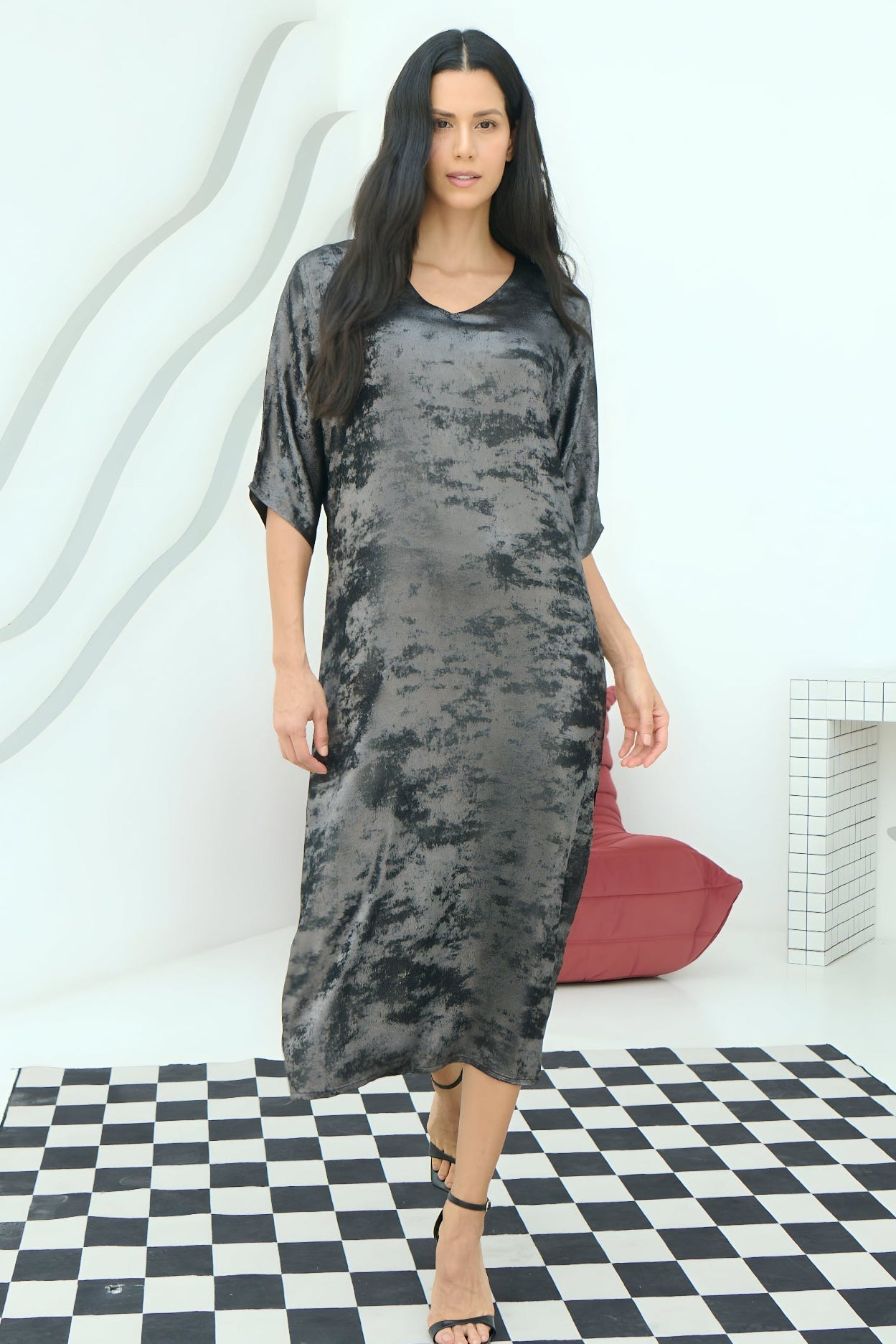 Shadow Of Sequin Shimmer Long Kaftan Dress With Side Slit - Black Party Dress