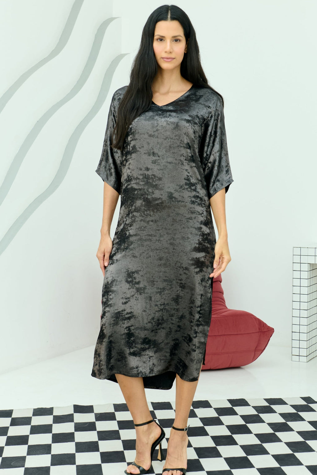 Shadow Of Sequin Shimmer Long Kaftan Dress With Side Slit - Black Party Dress