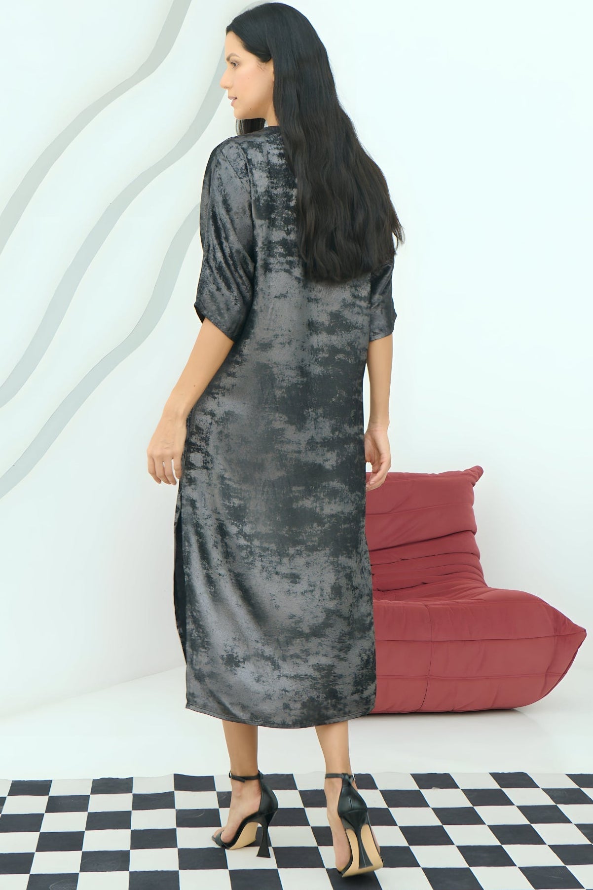 Shadow Of Sequin Shimmer Long Kaftan Dress With Side Slit - Black Party Dress
