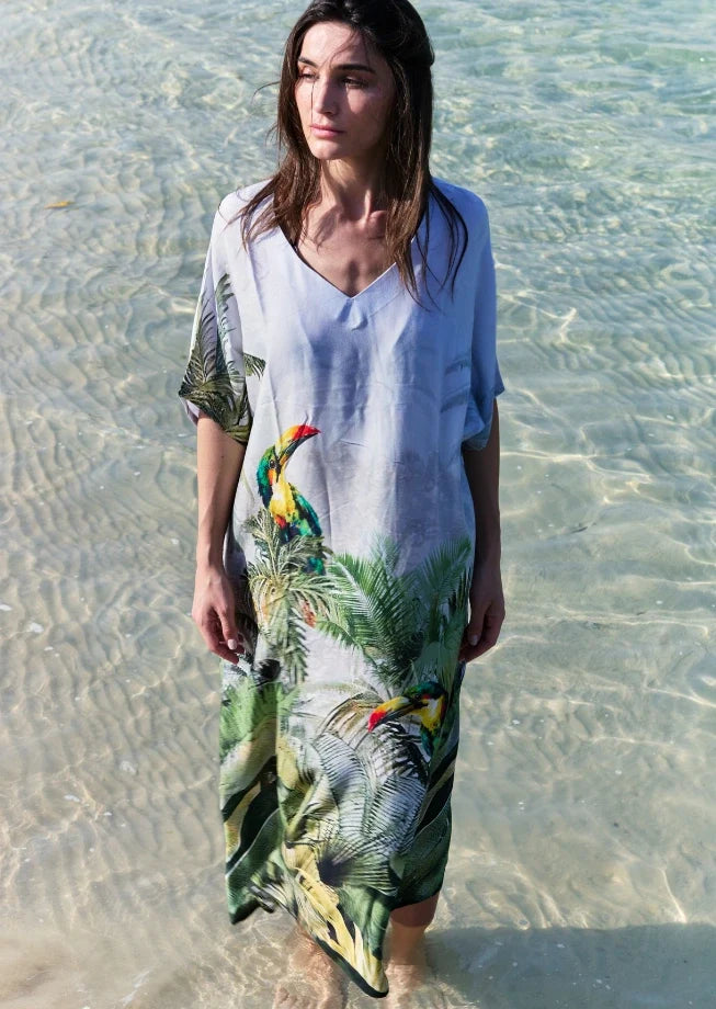 Wild Wings Bird In The Jungle Long Kaftan Dress With Side Slits - Green & Multicolor