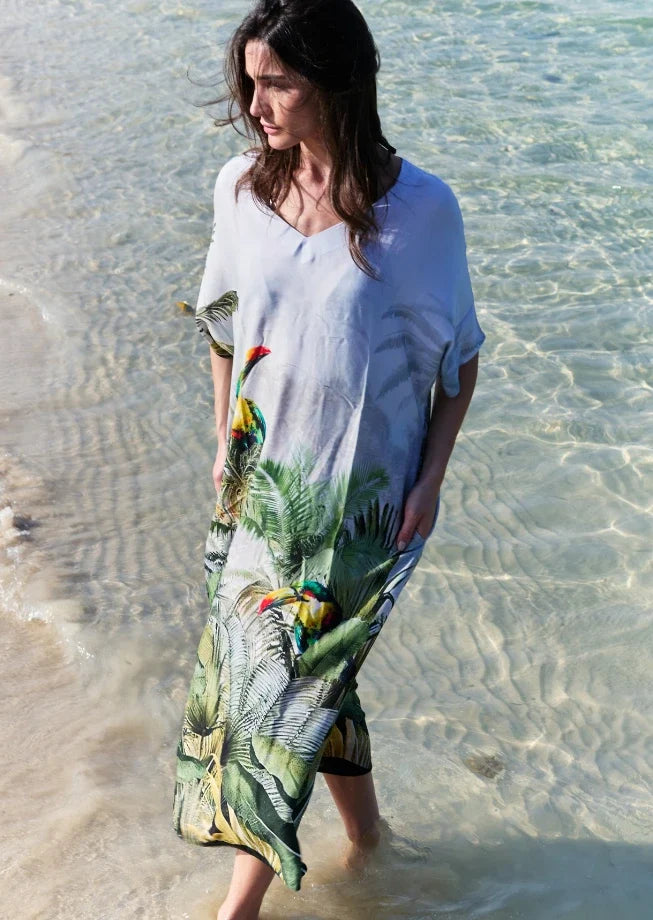 Wild Wings Bird In The Jungle Long Kaftan Dress With Side Slits - Green & Multicolor
