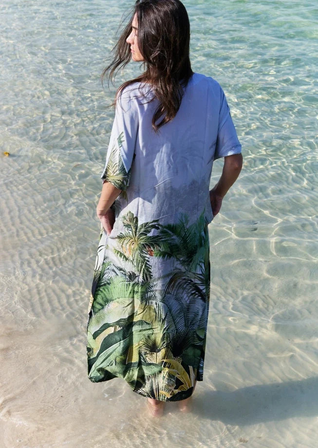 Wild Wings Bird In The Jungle Long Kaftan Dress With Side Slits - Green & Multicolor