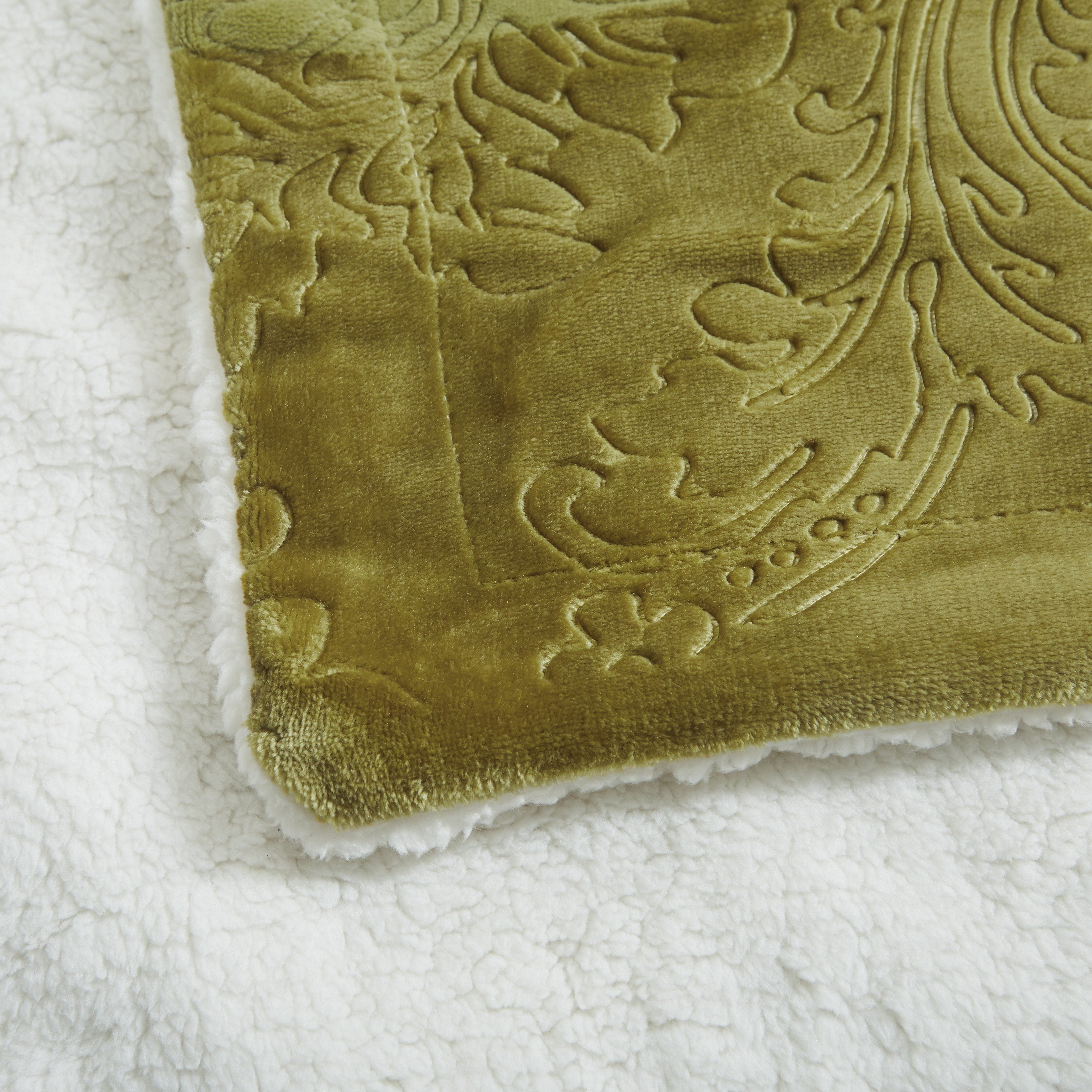Tache Solid Embossed Green Olive Chartreuse Sherpa Throw Blanket (62096)