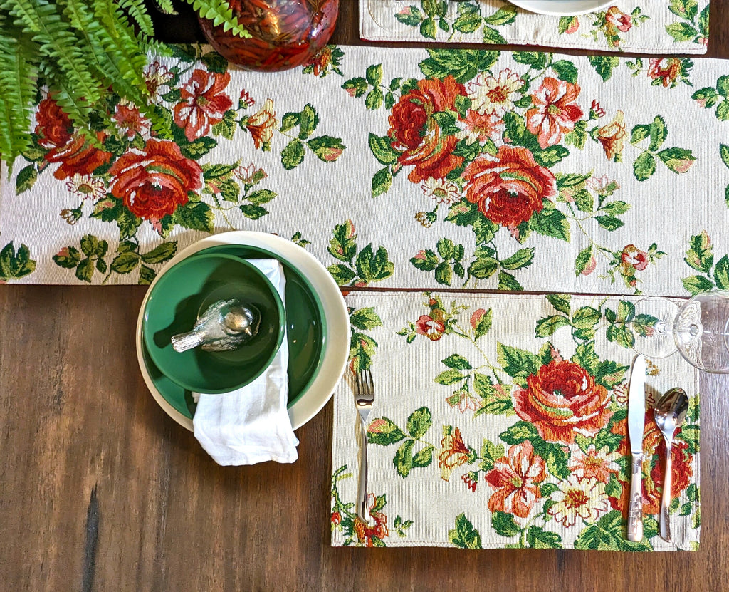 Tache Sweet Roses Vintage Ivory Woven Floral Tapestry Table Runners (17593TR)